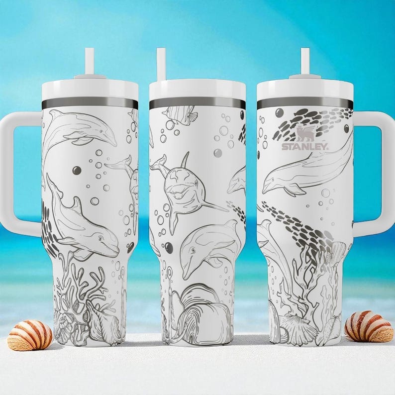 Dolfijn Stanley drinkbeker – 1,2 liter, gegraveerde oceaanbeker met koraalrif, reismok met zeedierenmotief, schattig cadeau met zeedieren voor strandliefhebbers afbeelding 1