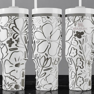 Minimalist Floral Stanley Tumbler – Black & White Flower Outline Design | 40oz Custom Engraved Cup with Straw