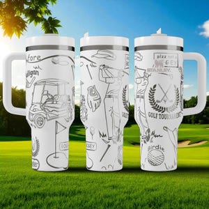 Engraved Golf Stanley Tumbler – 40oz Tournament Wrap with Golf Cart, Clubs and Swing Art – Funny Gift for Golfer, Dad or Coach