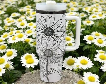 Daisy Flower Tumbler – Engraved Stanley Cup, Floral Gift for Her, Insulated Travel Mug, Custom Drinkware