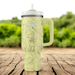 Gobelet humoristique inspiré des dessins animés – Grande tasse de 1 134 ml avec couvercle et paille, thème familial jaune, acier inoxydable, cadeau pour les fans