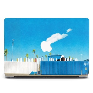 May include: A blue and white laptop skin featuring a graphic of a white apple logo and a blue fence with a white top. The background is a blue sky with a white cloud.