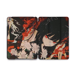 May include: An illustrated tablet case featuring a dark-haired anime character with red eyes. The artwork includes red and white floral elements and a fiery red background. The case is designed to open like a book.