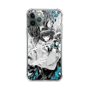 May include: A clear phone case with a black and white illustration of a woman with long black hair holding a sword. The woman has red eyes and is wearing a white shirt and black pants. The background is a blue and white swirl.