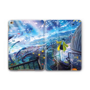 Anime Girl Yellow Jacket Fish Flying City iPad Flip Case for Pro Air Mini 10.2 10.9 11 12.9 13 inch 2017-2025 M3 M4  Stand Folio