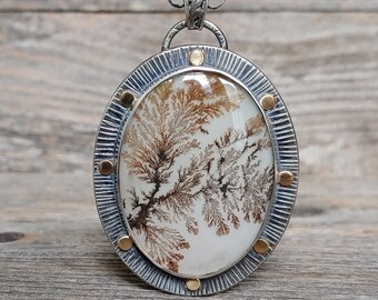 Dendritic Agate artisan Ooak Pendant necklace in sterling silver and 18k gold