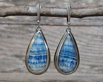 Denim Blue Lapis lace onyx artisan metalwork earrings in sterling silver