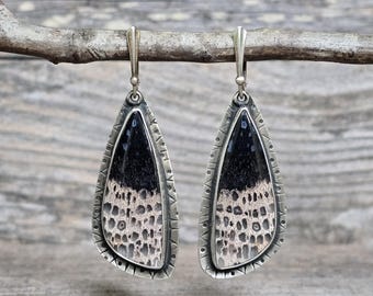 May include: A pair of teardrop-shaped earrings featuring a fossilized coral stone with a black top and a beige, porous-textured bottom. The stones are encased in a silver metal frame with a decorative notched edge and attached to silver ear wires.