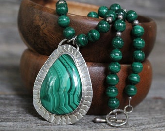 African Malachite in Sterling Silver Pendant Necklace, Stamped Necklace, Teardrop Shaped green stone with malachite beads