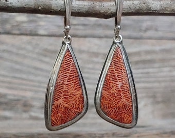 Natural Fossil Coral metalwork fabricated cabochon sterling silver earrings