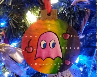 Original Retro Gamer Pacman Fan Art Ornament "The Ghost" Handpainted With Acrylics On Wood
