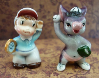 Artmark Ceramic Baseball Tennis Sports Boy And Donkey Salt And Pepper Shakers Vintage Kitsch