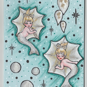 Original Vintage Retro Style Mermaid Painting &quot;A Pretty Pair&quot; Handpainted With Acrylics On Canvas