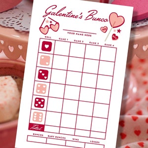 May include: A printable Galentine's Bunco scorecard with a pink and red color scheme. The scorecard has spaces for a player's name, roll, and scores for four games. It also includes spaces for the total number of buncos, baby buncos, wins, and losses.