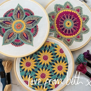 Kit de artesanía de bordado de bricolaje. Amigable para principiantes. Elija entre Starflower, Sunflowers, Doodle Daisy o Radiance