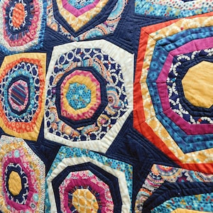 May include: A colorful quilt with a geometric pattern of octagons. The octagons are made of different fabrics with various colors and patterns, including blue, yellow, pink, orange, and white. The quilt is stitched together with a dark blue thread.