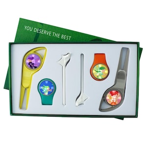 Caja de regalo de golf Elf: tenedor de golf, clip para gorra, clavos y etiqueta magnética para cristal. Accesorio de golf.