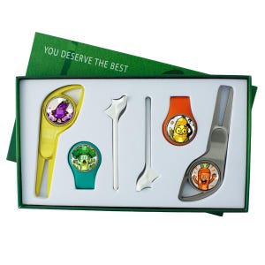 Caja de regalo de golf con dibujos de verduras: tenedor, clip para gorra, pinchos y etiqueta magnética de cristal. Accesorio de golf.
