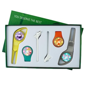 Caja de regalo de golf Elf: tenedor de golf, clip para gorra, clavos y etiqueta magnética para cristal. Accesorio de golf.