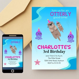 Invitación de cumpleaños de nutria, invitación de cumpleaños de niña, cumpleaños de niño pequeño, cumpleaños de niño, plantilla de invitación, editable, imprimible
