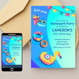 Waterpark Birthday Party Invitation, Pool Party Invitations, Waterpark Birthday, Kid&#39;s Birthday, Invitations Template, Editable, Printable