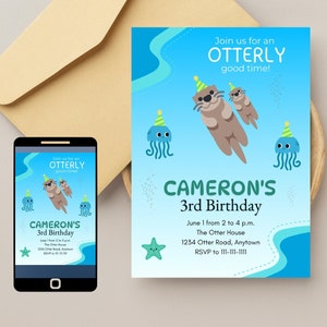 Invitación de cumpleaños de nutria, invitación de cumpleaños con temática de nutria, invitación de cumpleaños para niños pequeños, invitación de cumpleaños para niños, editable, imprimible
