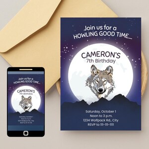Wolf Birthday Invitation, Editable Template, Wolf Party Invitation, Wolf Howling Invitation, Kid Birthday Invitation, Customizable