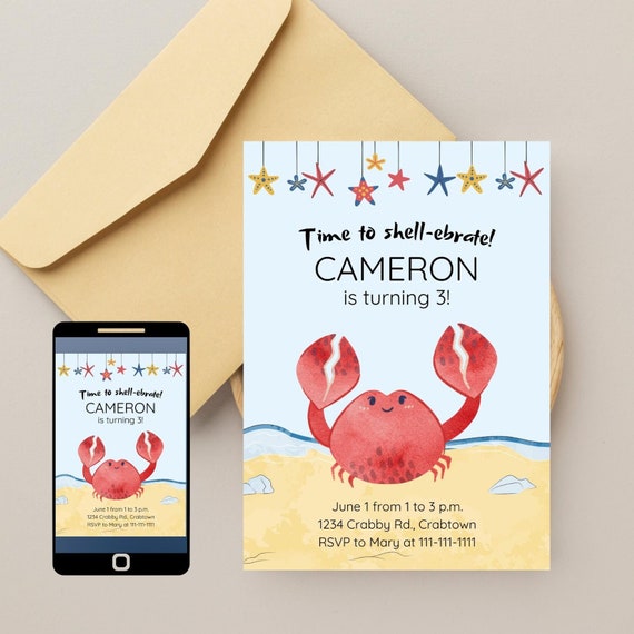 Crab Birthday Invitation, Beach Birthday, Toddler Birthday, Kid Birthday, Invitation Template, Editable, Printable