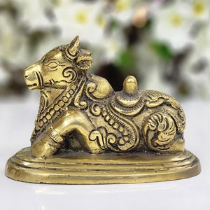 Brass Sitting Nandi Statue Sacred Bull Gatekeeper & Vehicle of Shiva Shiv Sevak of Shiva and Parvati Nandi Maharaj Idol Indian Home Decor
