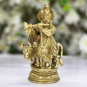 Krishna with Cow Statue Hindu Divine God of Love Lord Krishna for Home Entrance Decor Hare Krishna Idol Hindu Temple Mandir Altar Decor