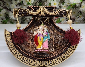 Radha Krishna Wall Hanging on Hand Fan Plate, Hindu God Art