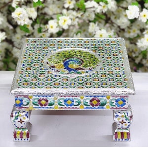 Indian Traditional Bajot Pooja Chowki God Sitting Stool Handmade Bajot for Pooja Oxidized Meenakari Chowki Wooden Bajot Chaurang Pooja Stool