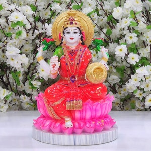 Lakshmi Statue Laxmi ji Sitting on Lotus Dhan Lakshmi Idol for Diwali Pooja Decor Lakshmi Ma Figurine Hindu Goddess of Money & Wealth