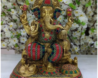 Large Brass Ganesha Statue with Stone Work, Hindu Good Luck God