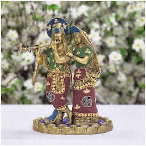 Radha Krishna Statue in Brass Radha Krishna Figurine God of Love Krishna with Radha Hindu Divine Couple Radha Krishna Idol for Showpiece