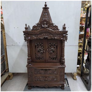 Large Wooden Temple for Home Teak Wood Pooja Mandir with Door Hindu Home Temple Indian Traditional Puja Ghar Mandap for Worship Big Altar