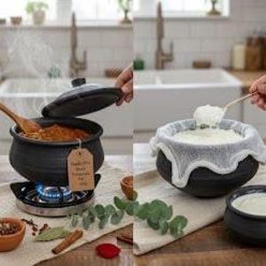 May include: Two images showing a black clay pot with a lid, used for cooking. One pot is on a gas burner with steam rising, and the other has a white cloth inside. A wooden spoon and a small bowl are also visible.