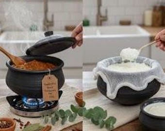 Olla de barro negro hecha a mano con tapa. Utensilios de cocina de barro natural. Olla de terracota no tóxica para cocción lenta, currys y elaboración de yogur.