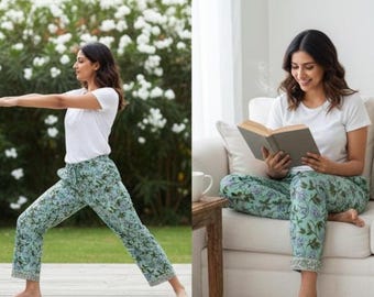Pantalones de algodón con estampado de bloques de Jaipur hechos a mano para mujer, pantalones de pijama bohemios con estampado floral, pantalones de algodón con estampado indio y estampado floral.
