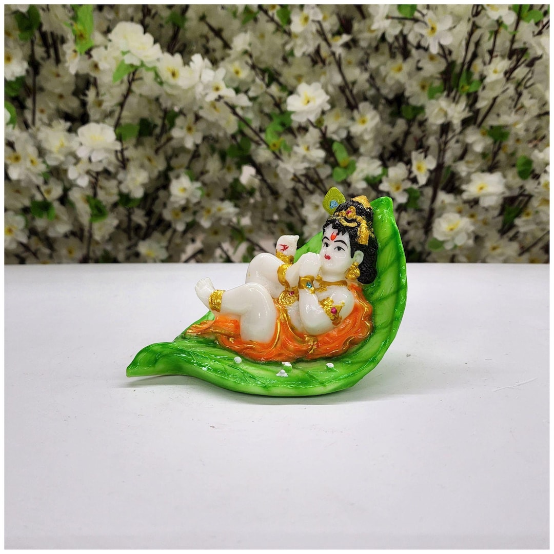 Bal Gopal Krishna Statue: Resin Ladoo Gopal on Leaf - Etsy