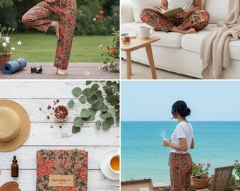 May include: Four-panel image showcasing floral print trousers in different settings. One panel shows a person doing yoga, another shows a person reading on a sofa, and a third shows a flat lay with a journal. The last panel shows a person looking at the sea.