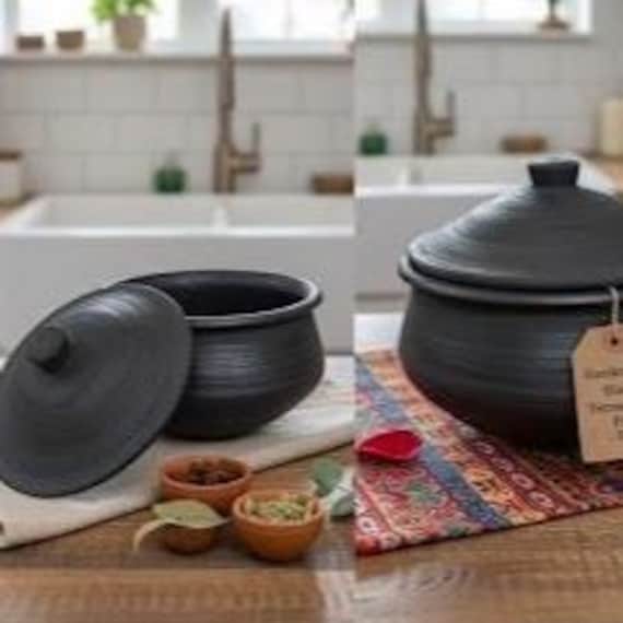 Handmade Black Clay Cooking Pot With Lid Natural Earthenware