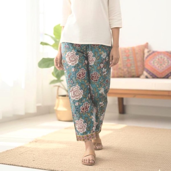 Handmade Jaipur Block Print Cotton Lounge Pants for Women Boho Floral Pajama Bottom Indian Printed Loungewear Cotton Pant Floral Print