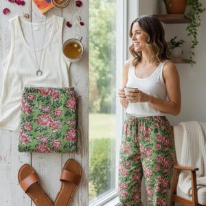 Puede incluir: Una camiseta sin mangas blanca y un pantal&oacute;n de pijama con estampado floral verde se exhiben sobre una superficie de madera blanca. Tambi&eacute;n se ven un collar plateado y sandalias marrones. Una mujer lleva un conjunto de pijama a juego y sostiene una taza.