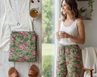Handmade Jaipur Block Print Cotton Lounge Pants for Women Boho Floral Pajama Bottom Indian Printed Loungewear Cotton Pant Floral Print