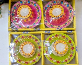 Handcrafted Clay Diya Set Indian Diwali Tealight Candle Holders