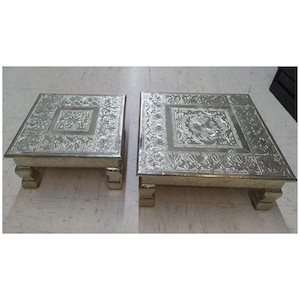 Traditional Bajot Pooja Chowki for Puja Low Sitting Stool Indian Handmade Wooden Bajot Puja Table Oxidized German Silver Chowki Chaurang
