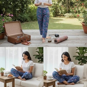 May include: Blue floral print pants paired with a white t-shirt. The image shows a person wearing the pants, and also shows the pants with a suitcase, camera, and yoga mat. The pants are also shown with a person reading a book.