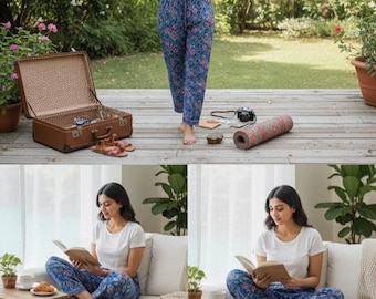 May include: Blue floral print trousers and a white t-shirt. The image shows a person wearing the trousers, and also shows the trousers with a suitcase, camera, and yoga mat. The trousers are also shown with a person reading a book.