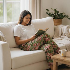 Puede incluir: Una persona sentada en un sof&aacute; blanco, leyendo un libro. Lleva una camiseta blanca y pantalones verdes con estampado floral. Una peque&ntilde;a mesa de madera sostiene una taza. Tambi&eacute;n se ven una planta en maceta y una manta.